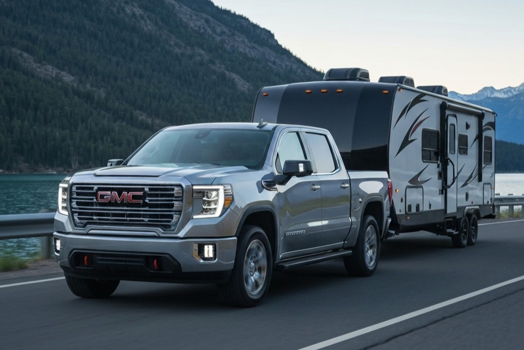 GMC Sierra towing a camper through a mountainous road