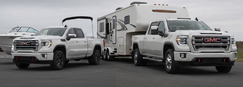 GMC Sierra trucks. One is towing a camper