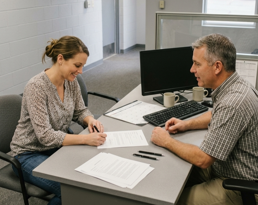 A customer working with a professional to get auto financing. Available at Robert Brogden's Hays GMC.