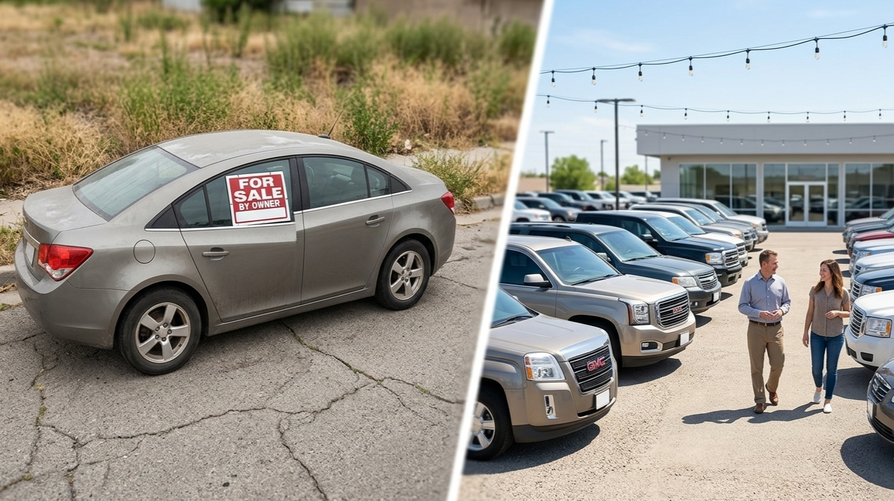 Split image comparing a dusty sedan with a "For Sale By Owner" sign on a cracked driveway against a clean, organized used car dealership lot with customers browsing vehicles.